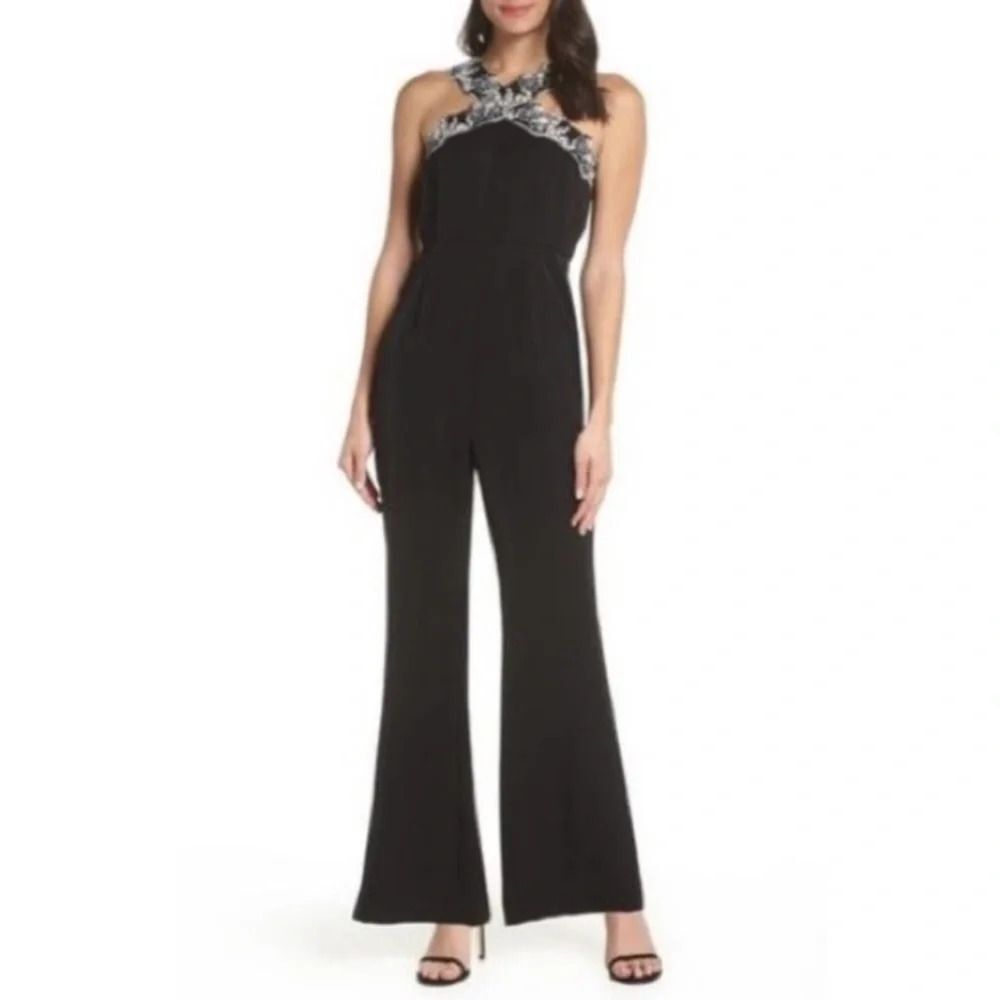 Foxiedox Black Sarah Wide Leg Floral Lace Halter Jumpsuit size XS NWT new
